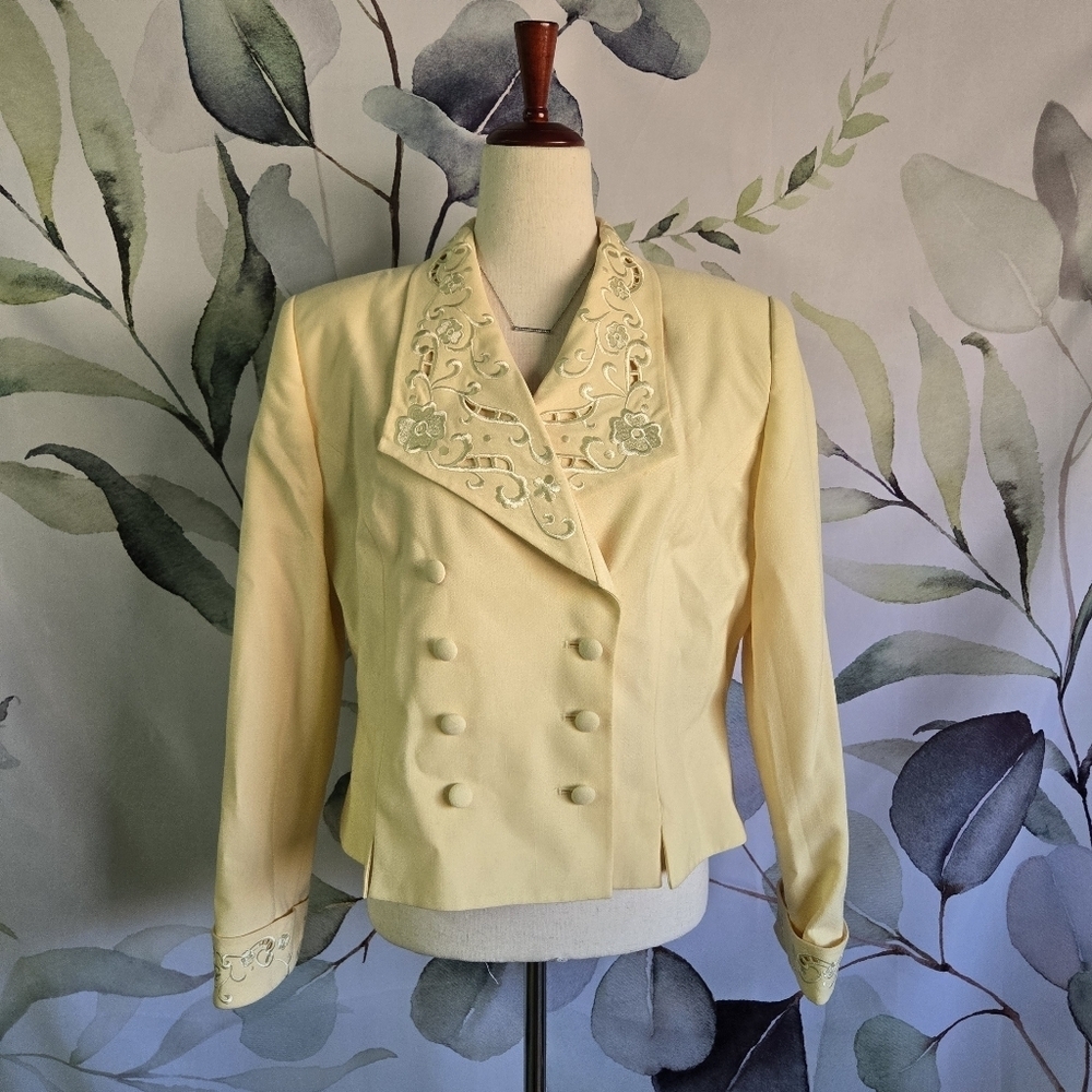 MORGAN MILLER | Vintage Pastel Yellow Floral Embroidered Blazer Tag 12 (6/8)
